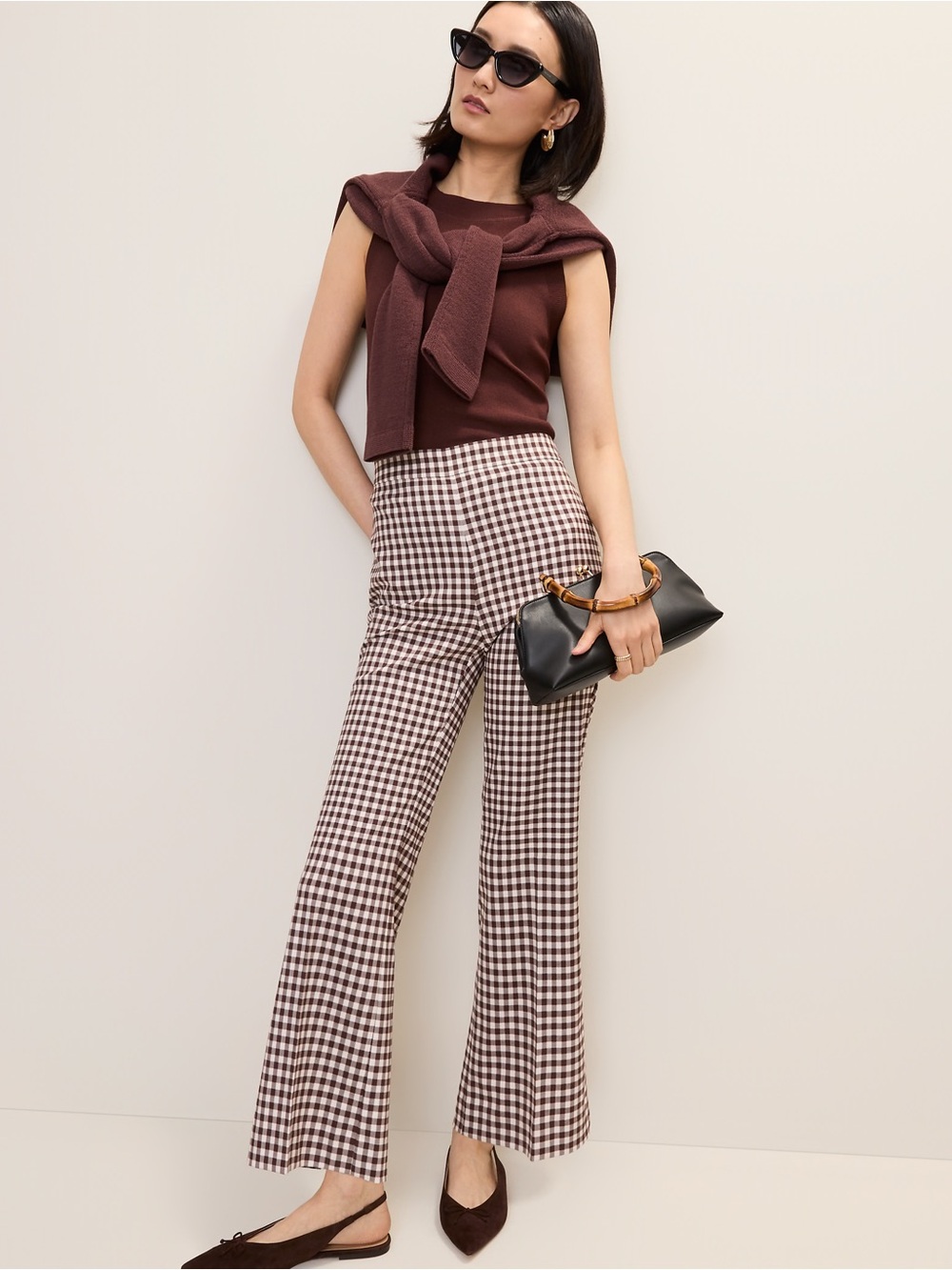 NEW ANN TAYLOR The Gingham Side Zip Flare Pant Brown Check Size 6
